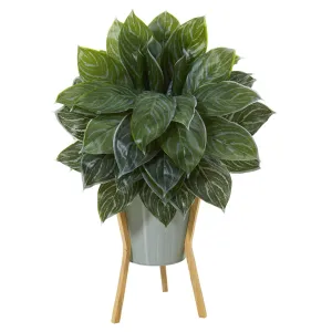 25” Silver Aglaonema Artificial Plant in Green Planter with Stand (Real Touch)