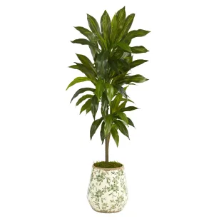 4' Artificial Dracaena Plant in Flower Print Planter (Real Touch) - Low Maintenance, Life-Like & Vibrant Silk Plants For Busy People.