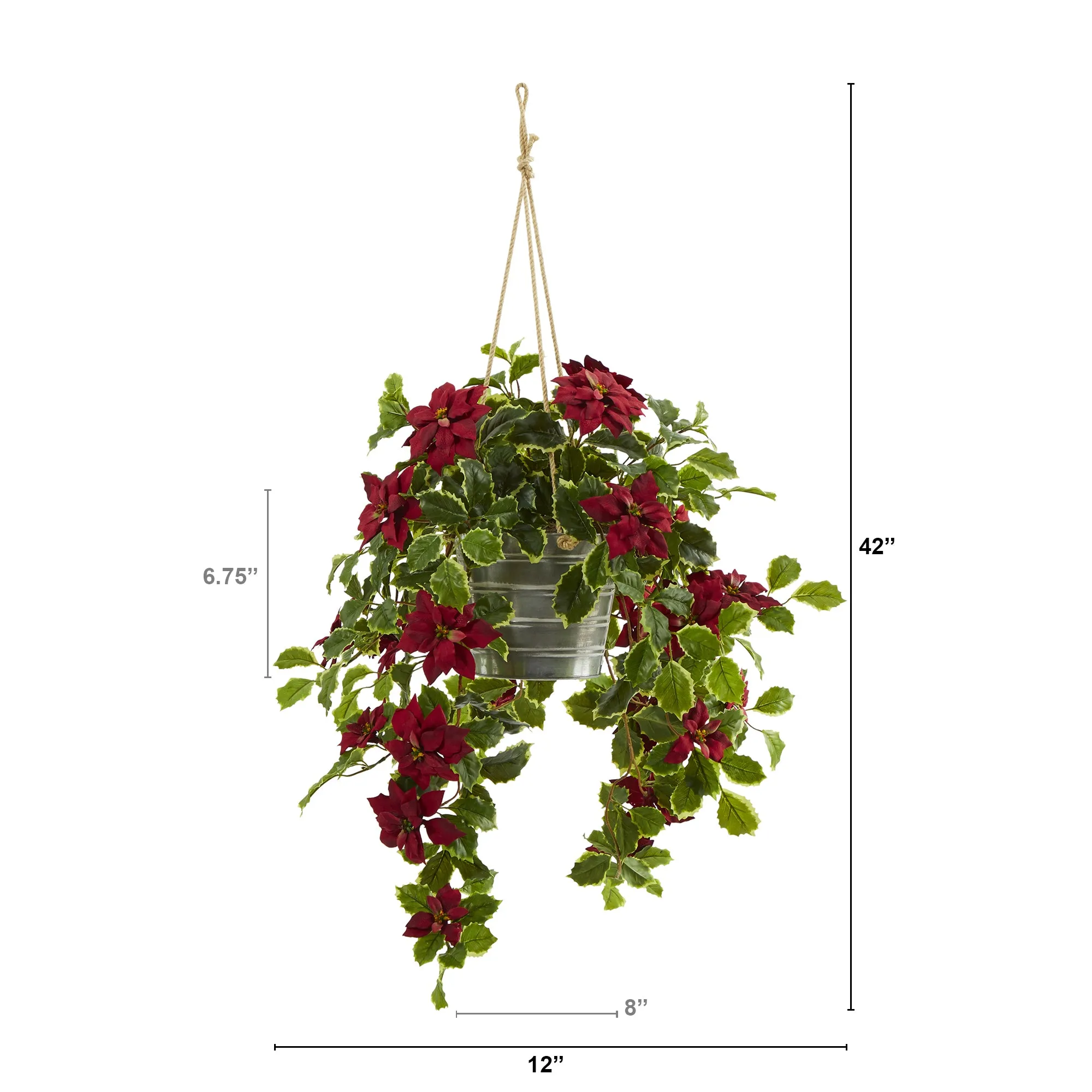 42" Artificial Poinsettia & Variegated Holly Plant in Hanging Bucket (Real Touch) - Low Maintenance, Life-Like & Vibrant Silk Flowers For Busy People.