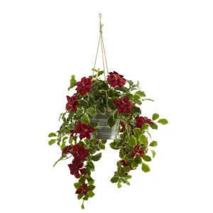 42" Artificial Poinsettia & Variegated Holly Plant in Hanging Bucket (Real Touch) - Low Maintenance, Life-Like & Vibrant Silk Flowers For Busy People.