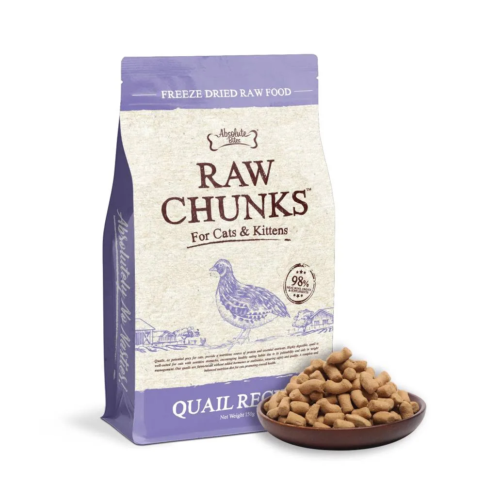 Absolute Bites Cats & Kitten Freeze Dried Raw Chunks Quail 150g