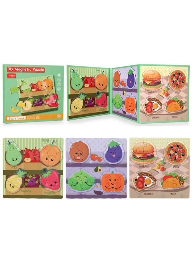 Montessori Magnetic Puzzle Books for Kids, Durable Reusable Paper Puzzles for Toddlers, Food