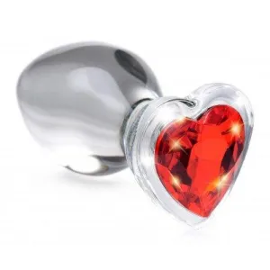 Red Heart Gem Glass Anal Plug - Large